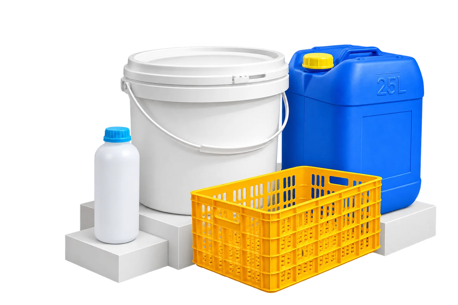 White industrial pail, blue carboy, white bottle and yellow crate arranged on display platforms